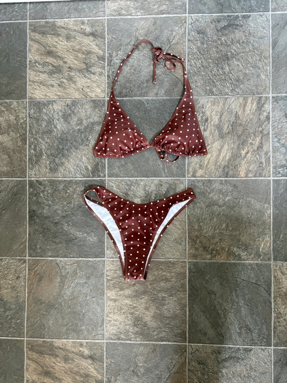 Polka Dot Triangle Bikini Set in Brown - Classic Women's Swim